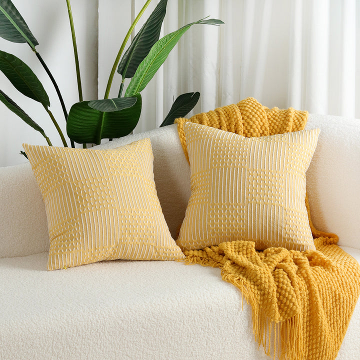 Decorative Square Textured Woven Geometric Throw Pillow Covers Set with Tufted Linear Appliqué