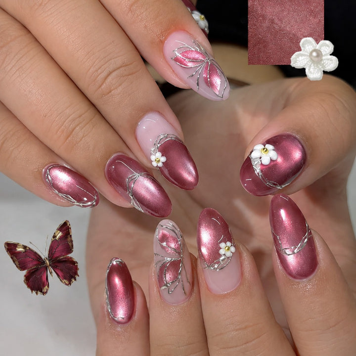 Nail set with elegant metallic finish and delicate flower decorations Kalsten