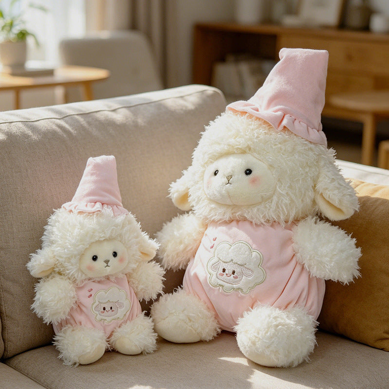 Plush Lamb Cuddly Stuffed Toy with Embroidered Romper and Sleep Hat Kalsten