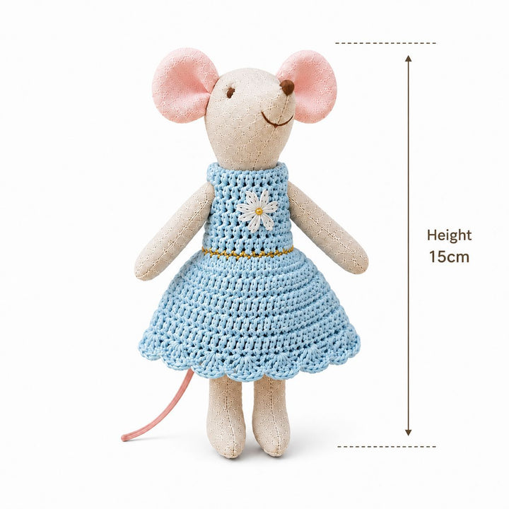 Handcrafted Linen Plush Mouse Doll with Crocheted Dress and Embroidered Details