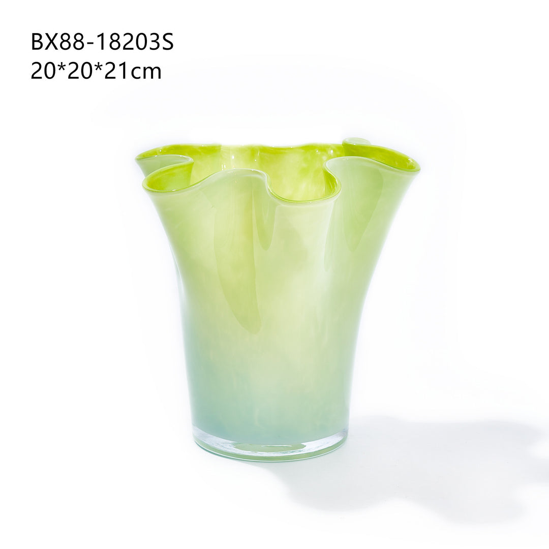 Handblown Tall Ruffled Rim Glass Vase Kalsten