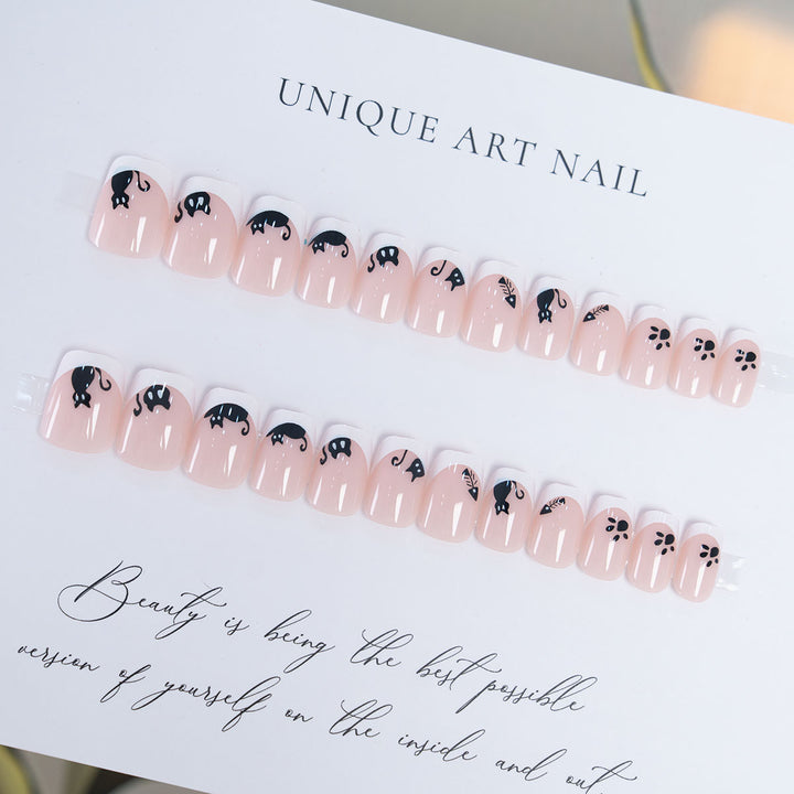 Cat-Themed French Tip Nail Art