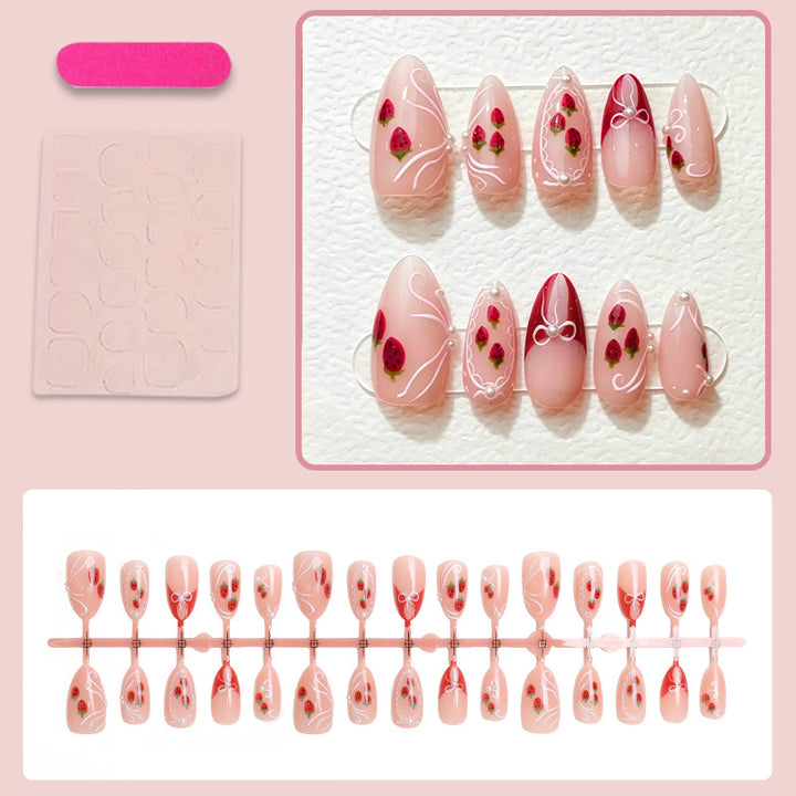 Artificial nail set with romantic strawberry and bow motifs Kalsten