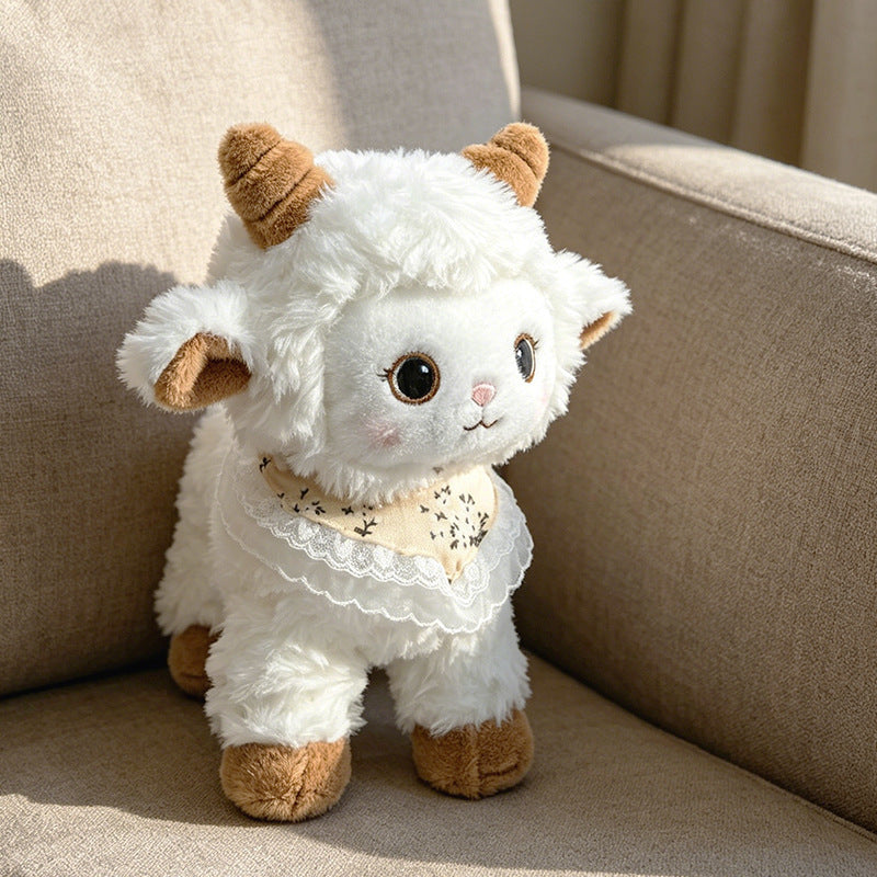Curled-Horn Ram Plush Collectible with Embroidered Face, Bow Collar & Soft Faux Fur Kalsten