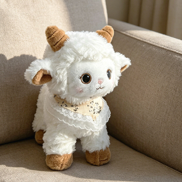 Curled-Horn Ram Plush Collectible with Embroidered Face, Bow Collar & Soft Faux Fur Kalsten