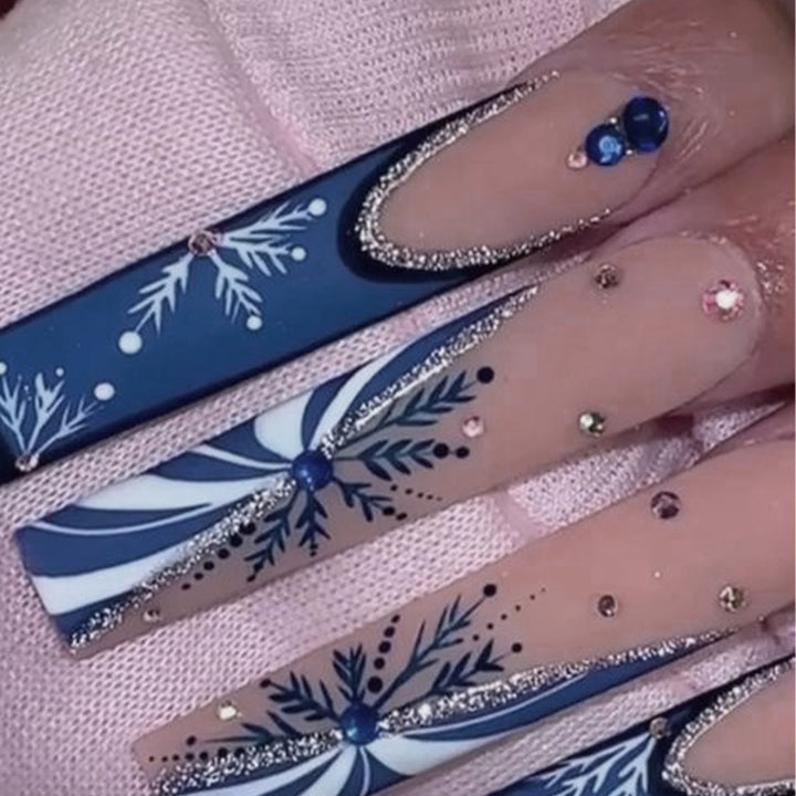 Elegant Stiletto Press-On Nails with Snowflake and Gem Accents Kalsten