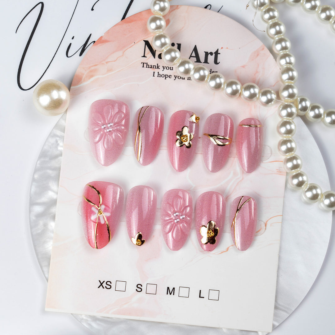 Elegant Floral Embellished Press-On Nail Art Kalsten
