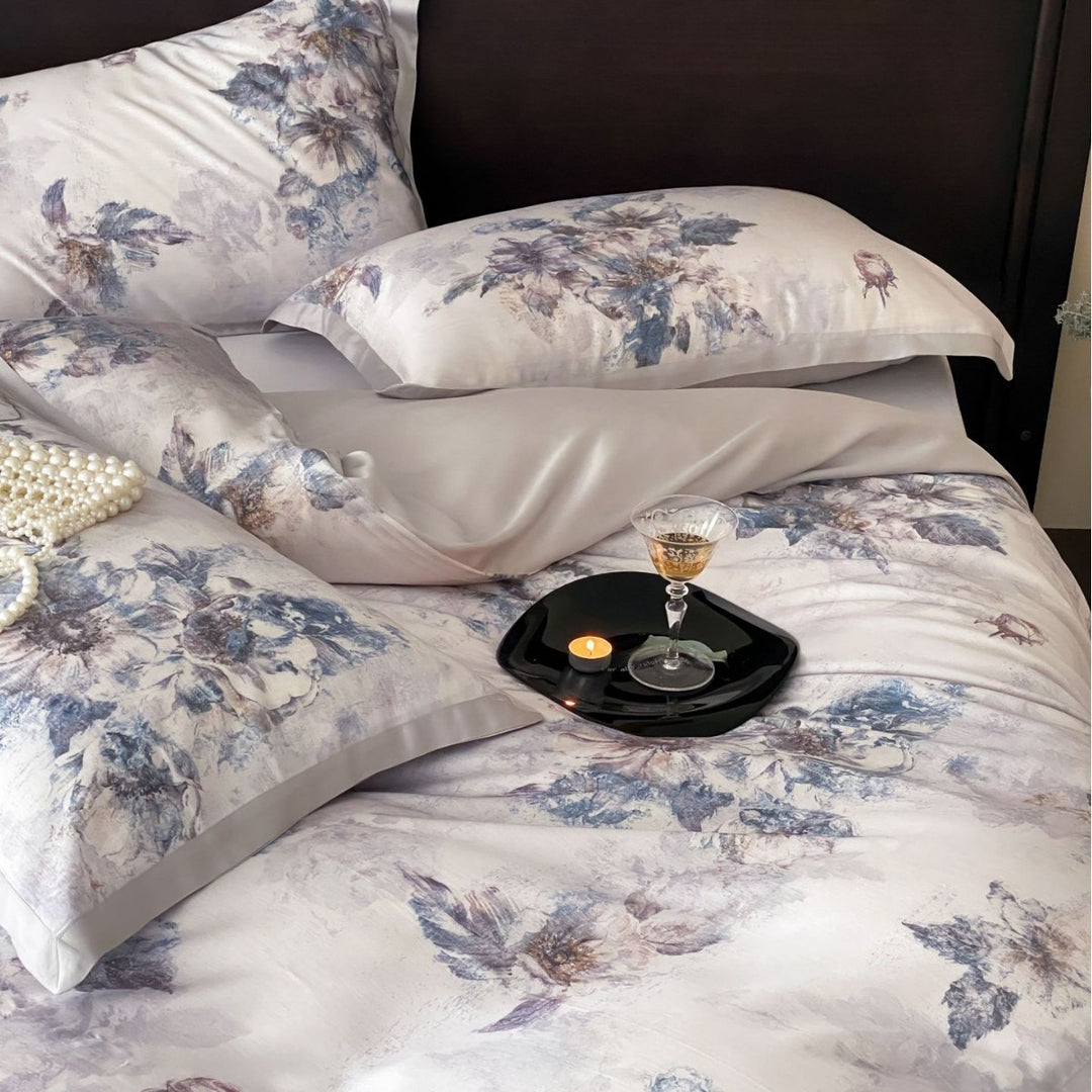 Luxurious satin bedding with floral watercolor print