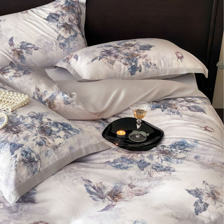 Luxurious satin bedding with floral watercolor print