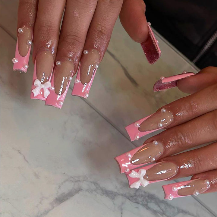 Decorative Long Square Press-On Nails with 3D Bow and Pearl Accents Kalsten