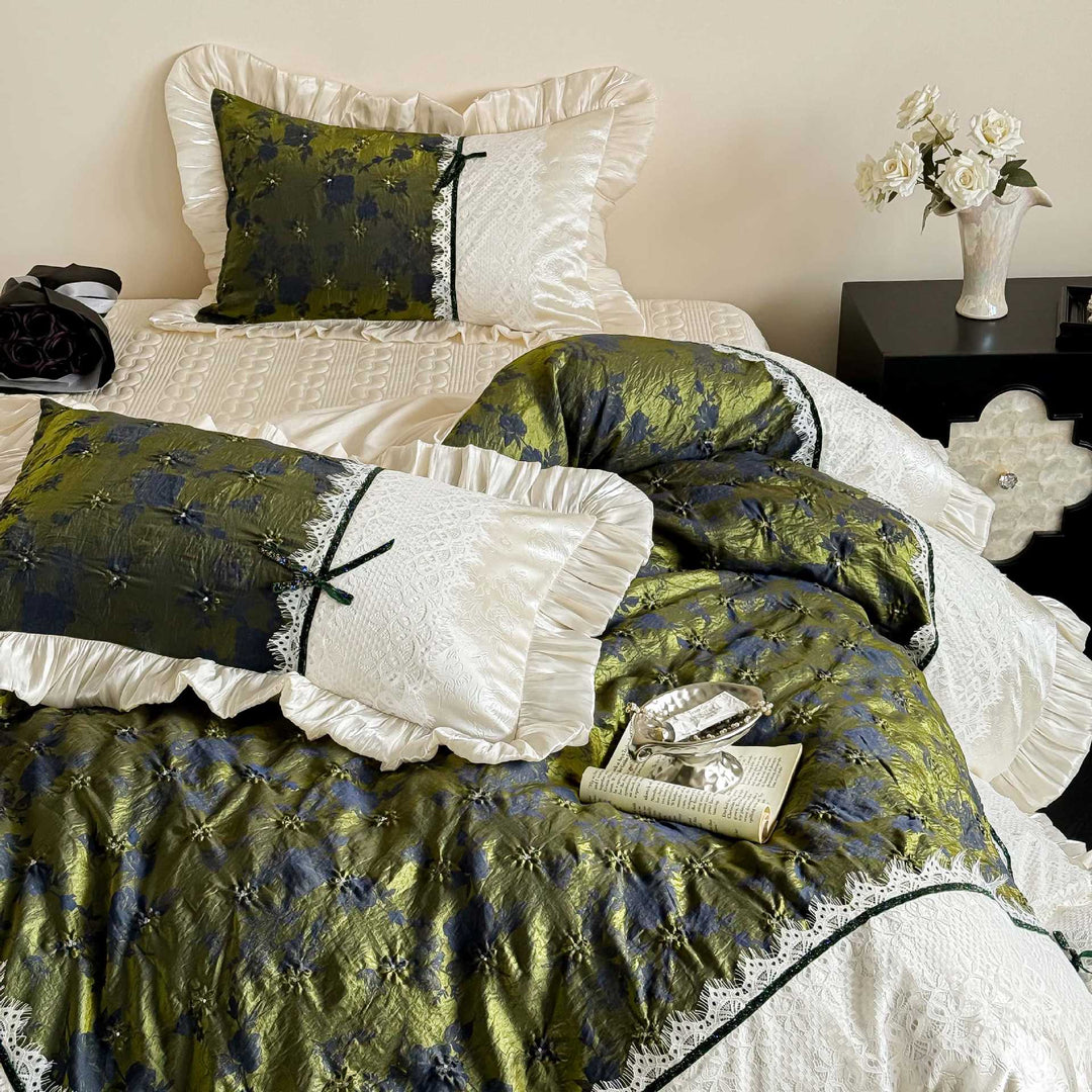 Jacquard bedding set with olive patterned quilted look, satin ruffle and lace panel
