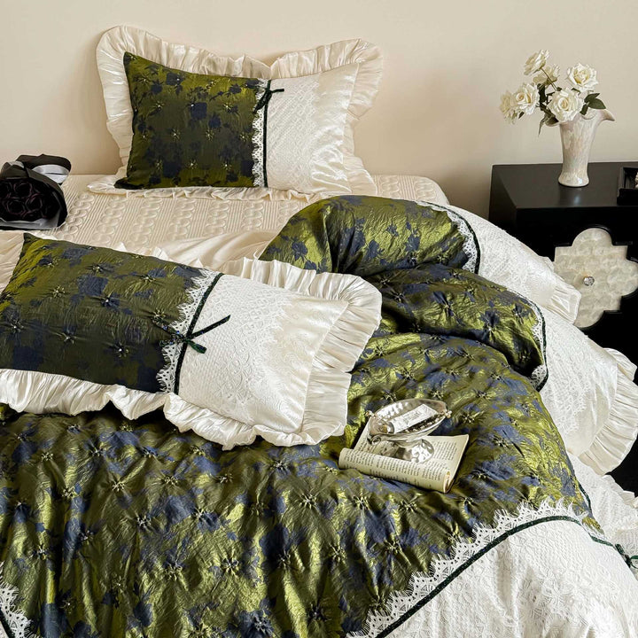 Jacquard bedding set with olive patterned quilted look, satin ruffle and lace panel