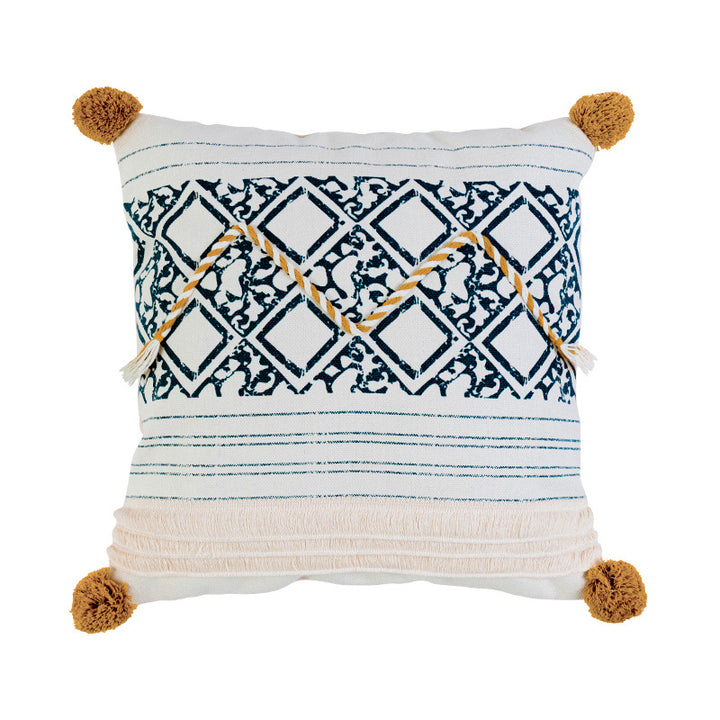 Square decorative pillow cover in Boho block print with braided tassels