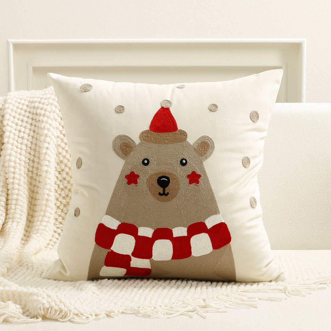 Festive Embroidered Bear Square Throw Pillow Cover