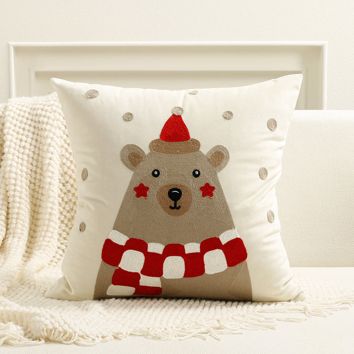 Festive Embroidered Bear Square Throw Pillow Cover