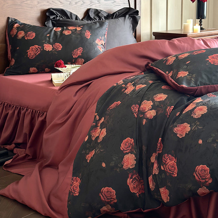 Luxurious satin bedding set with rose pattern and reversible cover