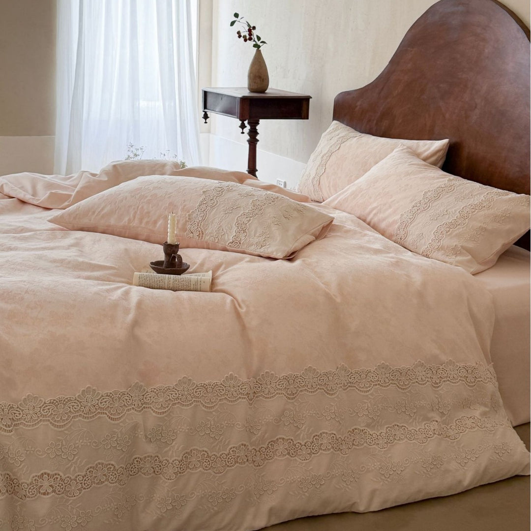 Elegant linen-cotton bedding set with delicate lace embroidery