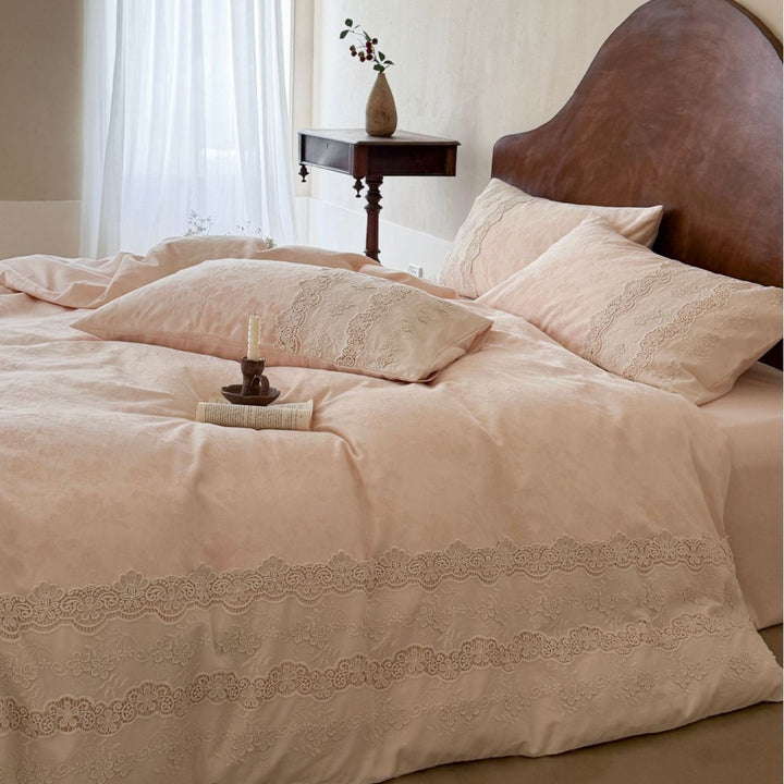 Elegant linen-cotton bedding set with delicate lace embroidery