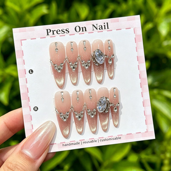 Artistic Press-On Nail Art Set with Cute Character and Bow Accents