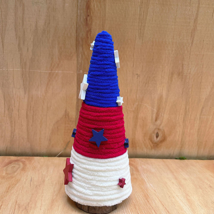 Unisex decorative table top Christmas tree made of felt and knitted structure with star appliqués Kalsten