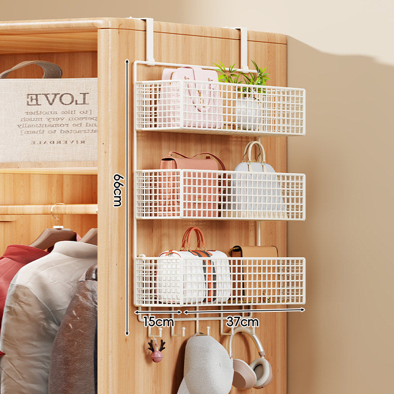 Over-the-Door Metal Grid Hanging Organizer with Four Stackable Baskets and Hooks