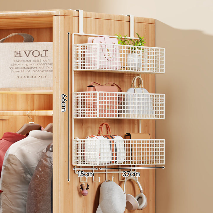 Over-the-Door Metal Grid Hanging Organizer with Four Stackable Baskets and Hooks
