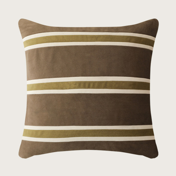 Square velvet decorative pillow with woven stripes and concealed zipper