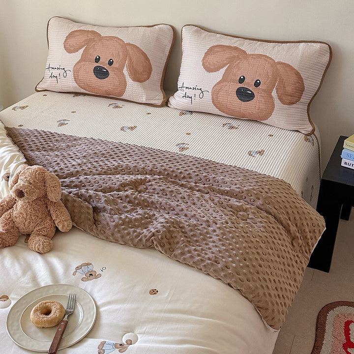 Children's bed set with quilted pillow set, mattress pad, and minky cuddle blanket
