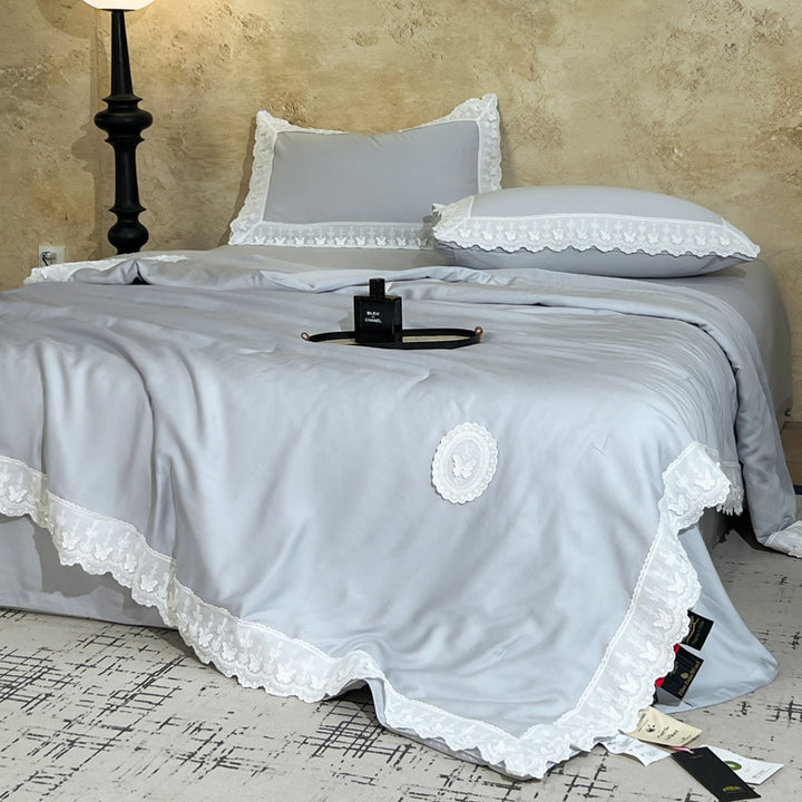 Cotton satin duvet cover set with decorative lace appliqué and embroidered medallion