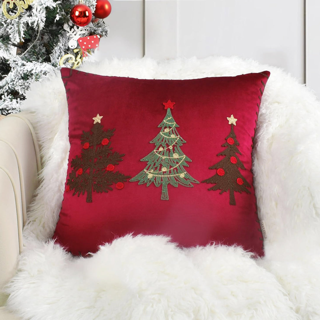 Velvet Embroidered Festive Accent Pillow Cover with Metallic Script