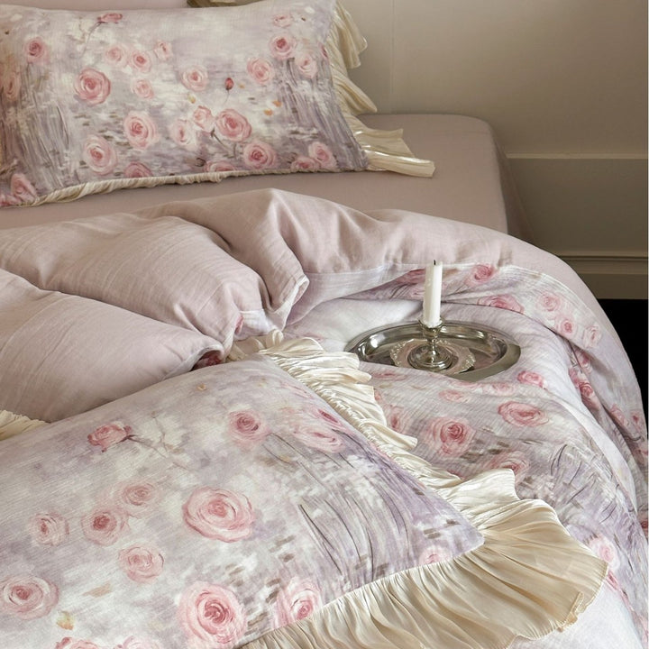 Romantic bedding set with floral watercolor look, ruffles and satin trim
