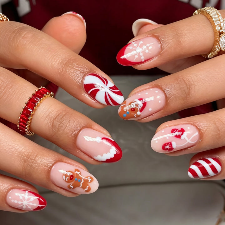 Festive Gingerbread and Holiday-Themed Press-On Nail Art Set Kalsten