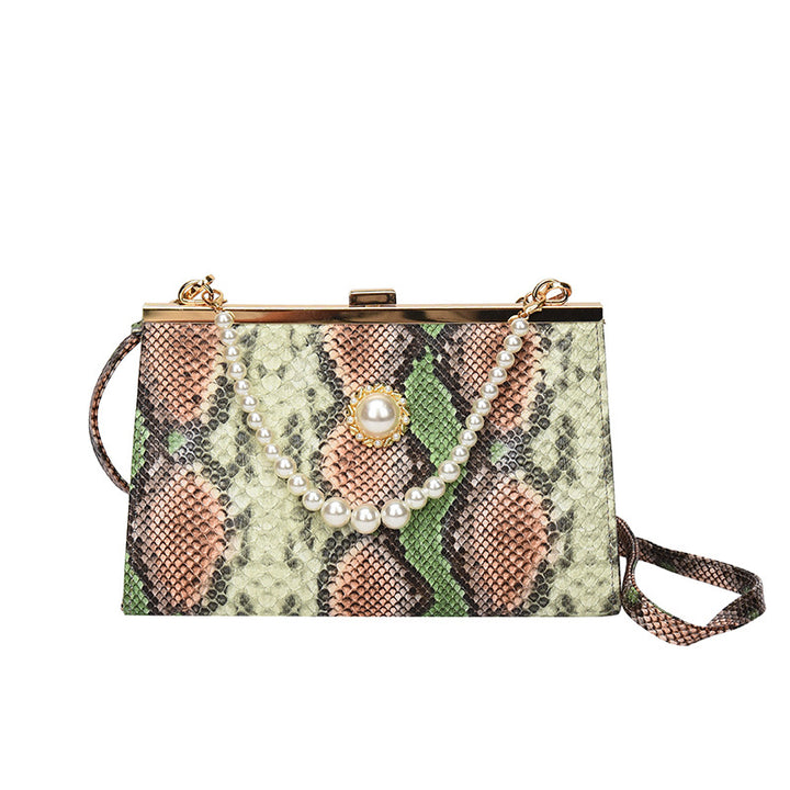 Elegant Pearl-Embellished Snakeskin Clutch Bag