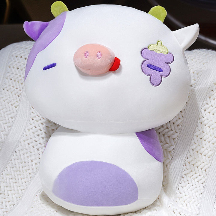Plush Stacked Cow Cuddle Pillow with Embroidered Grape Motif & Weighted Bean-Core Kalsten