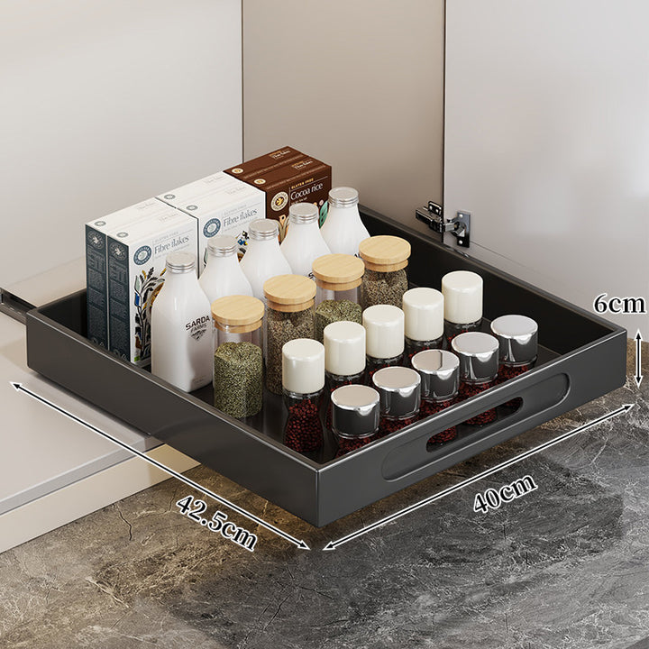 Slide-Out Cabinet Drawer Organizer Tray with Cutout Handle and Low-Profile Design