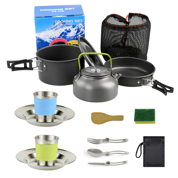 lightweight hard-anodized camping cookware set with folding handles compact kettle and stainless cup plates Kalsten