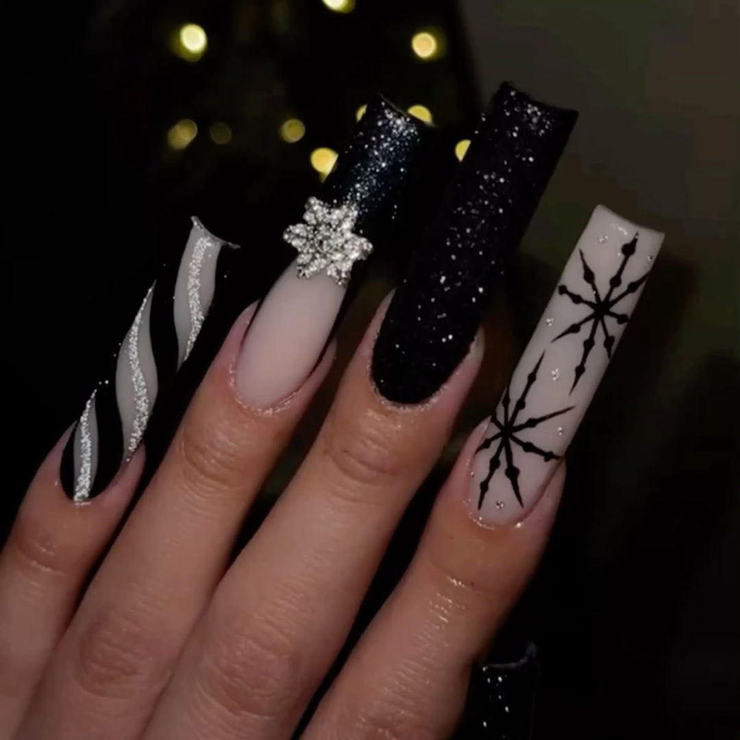 Decorative Stiletto Press-On Nails with Glitter and Snowflake Design Kalsten