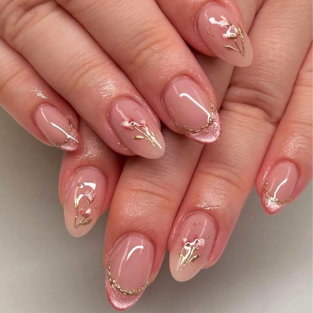 Elegant artificial nails with floral design and glitter Kalsten