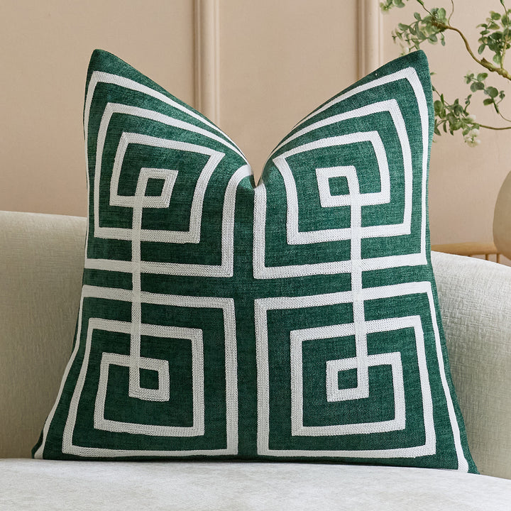 Geometric Embroidered Cotton-Linen Square Throw Pillow Cover with Raised Chenille Maze Appliqué