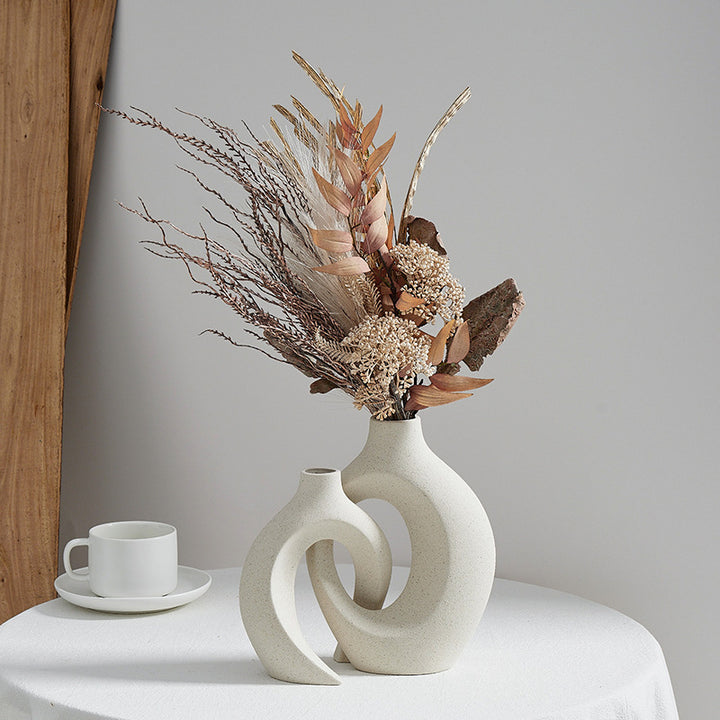 Modern Sculptural Hollow-Ring Ceramic Tabletop Vase Set With Minimalist Asymmetrical Silhouette