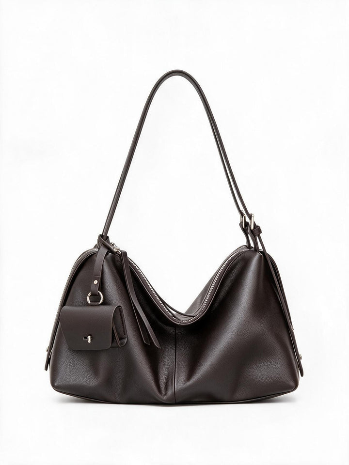 Slouchy Pebbled Hobo Shoulder Bag with Top Zip and Detachable Mini Pouch