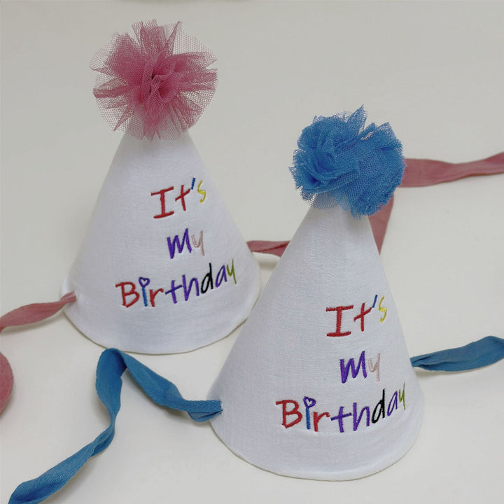 Embroidered Cotton Birthday Cone Party Hat with Tulle Pom and Ribbon Ties