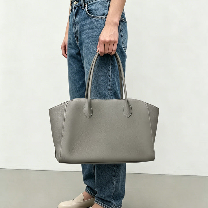 Structured Large Leather Tote Handbag with Double Top Handles
