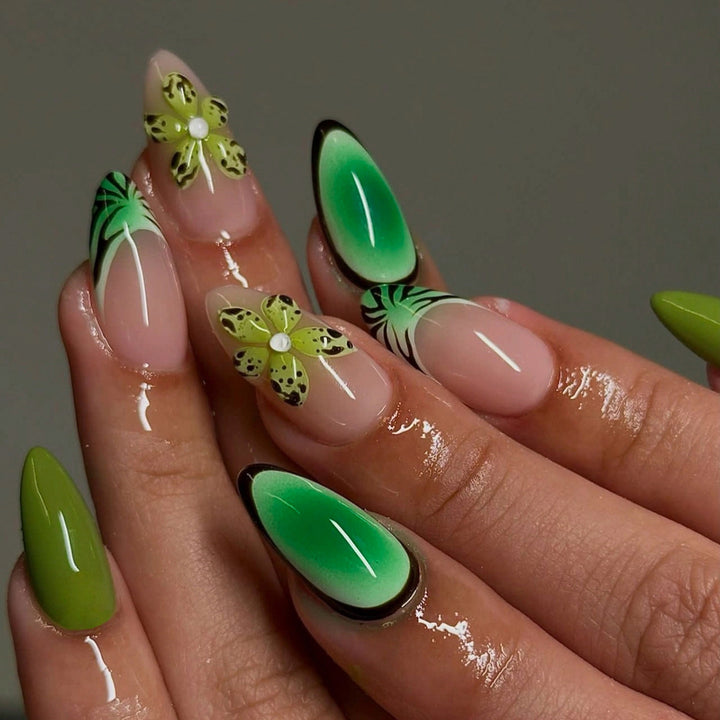 Artful Gel Nails with Floral Design and Glitter Effects Kalsten