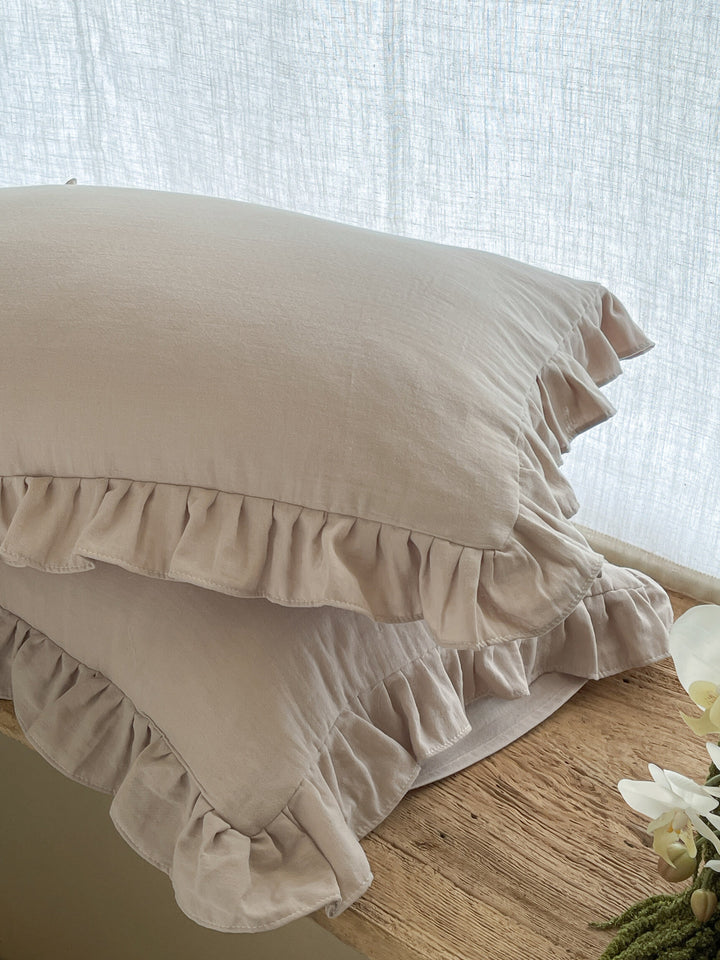 Ruffled Linen Pillowcase Set with Soft Washed Linen Texture