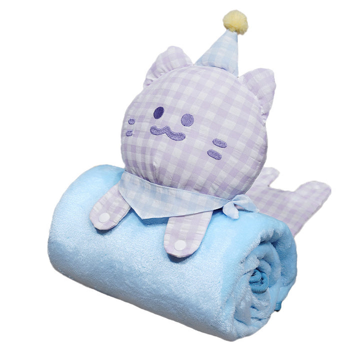 Cozy baby fleece blanket with plush cat head, carrying strap, and roll function