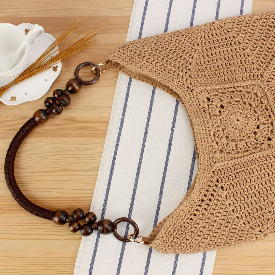 Handbag Made of Hand-Knotted Natural Material with Stylish Wooden Handles Kalsten
