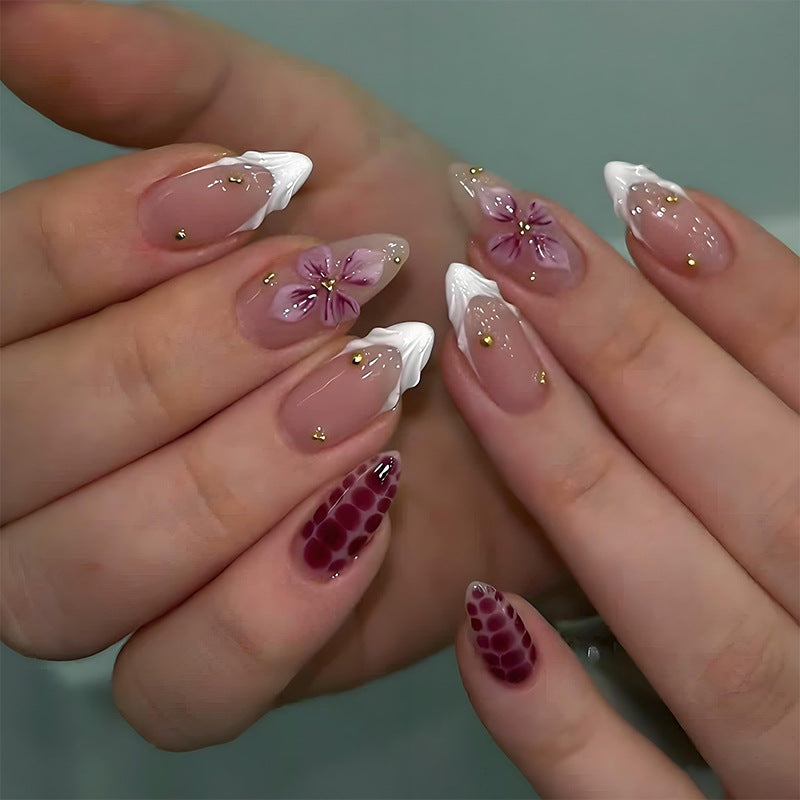 Artificial Nail Set with Elegant Flower and Glitter Accents Kalsten