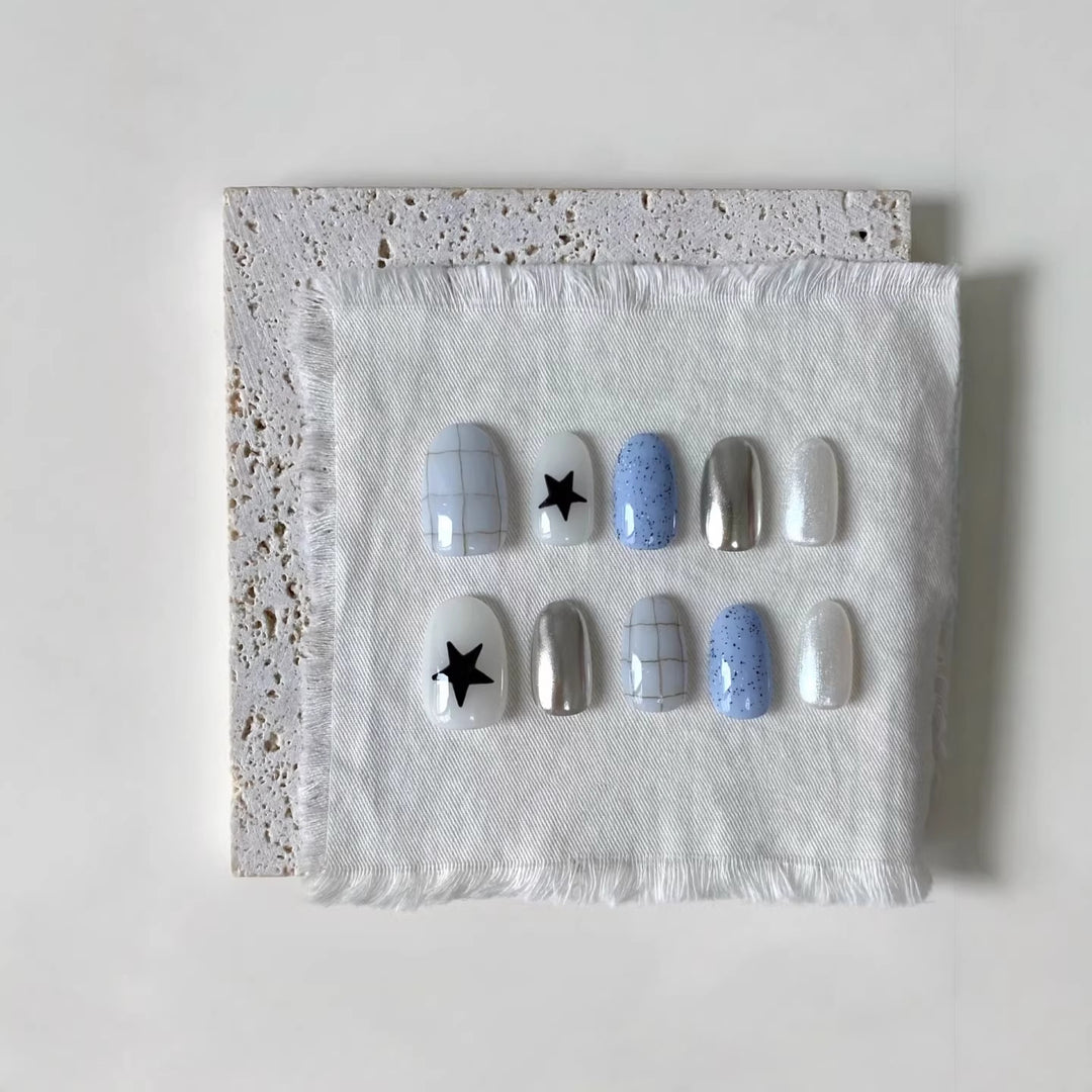 Artistic Press-On Nail Set with Geometric and Star Patterns