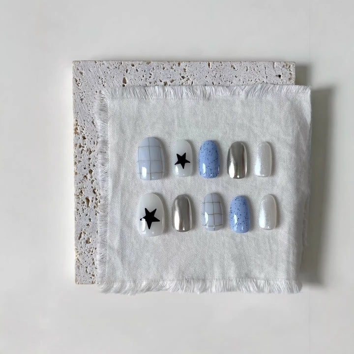 Artistic Press-On Nail Set with Geometric and Star Patterns